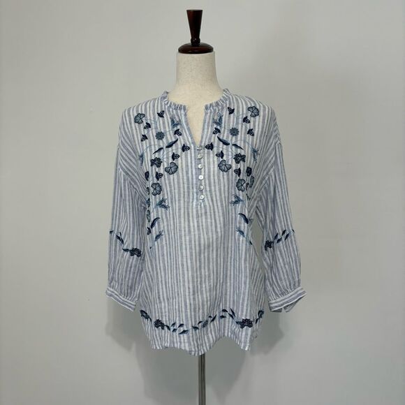 J. Jill Tops - J. Jill 100% Linen Blue Striped Embroidered Floral Peasant Top Sz XS